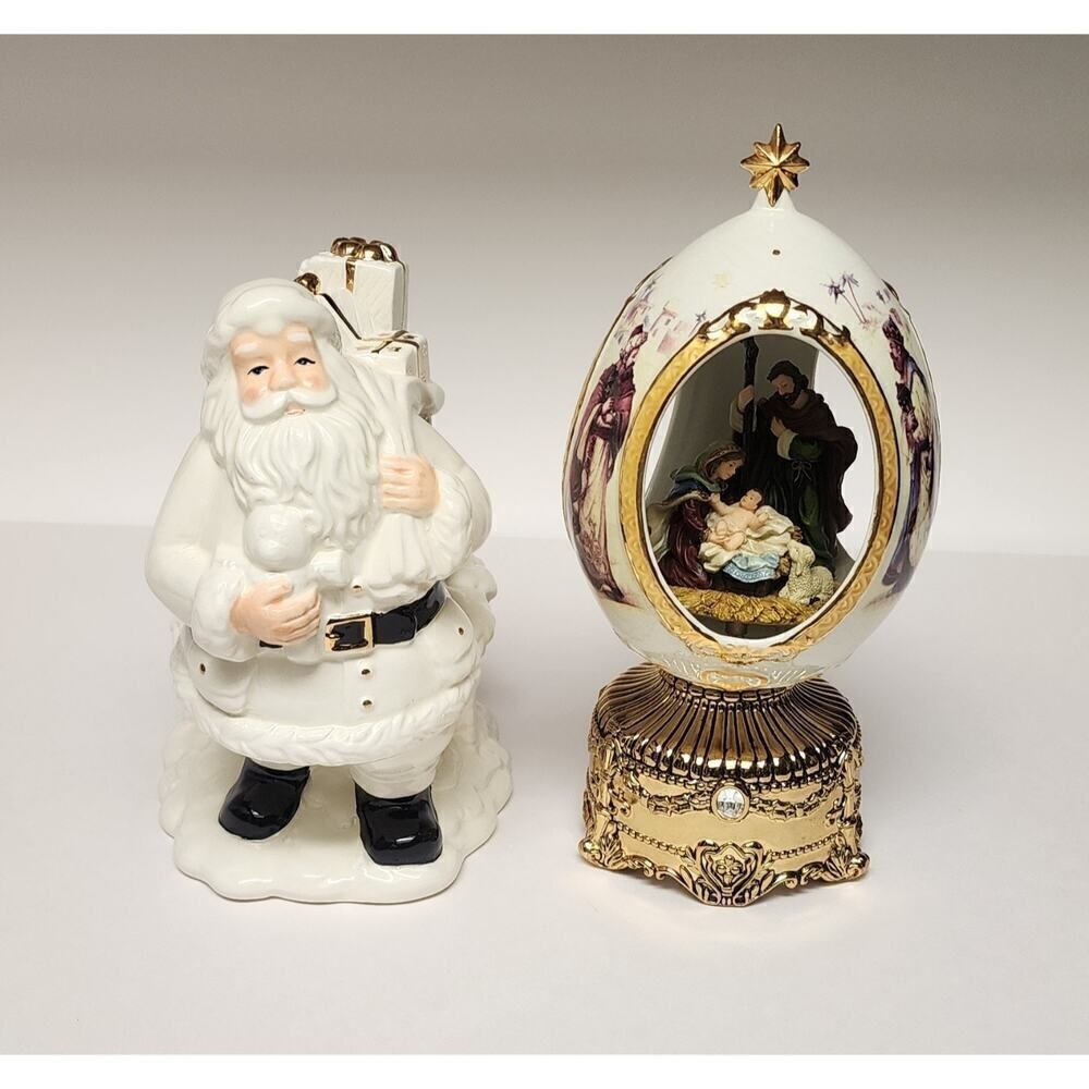 Home For The Holiday Porcelain Egg-Shaped Musical Box Revolving Nativity/Santa